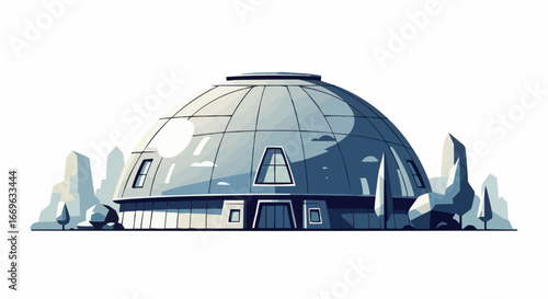 Modern geodesic dome structure with distinctive geometric architecture and surrounding stylized landscape