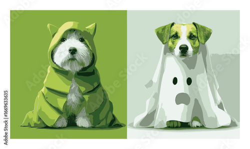 Playful Dogs in Costumes for Halloween Illustration with a Fun Theme