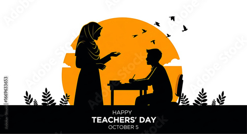Silhouette of a Teacher and Student in a Classroom Setting for Teacher's Day