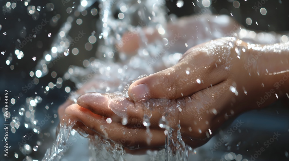 Fototapeta premium Hands catching fresh flowing water for cleansing and purity