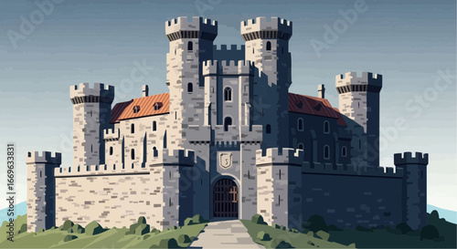 An iconic vector illustration of a grand medieval stone castle, featuring towering turrets and a majestic main gate, representing historical architecture and strength on a scenic hill