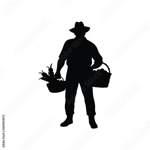 Silhouette of farmer carrying two baskets full of freshly harvested produce, farmer with basket of vegetables illustration silhouette