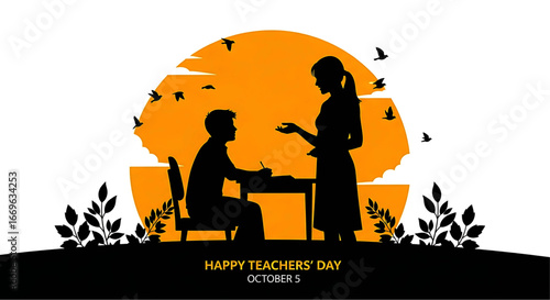 Silhouette of Teacher and Student Celebrating Teachers' Day, Orange Sunset