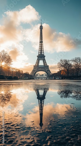 Eiffel Tower reflected in a puddle, golden sunrise