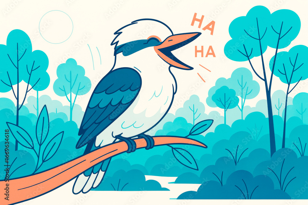 Fototapeta premium Cartoon-style laughing kookaburra bird perched on a tree branch in a colorful forest with stylized trees and light background concept illustration. Ai generative