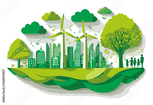 Eco-Friendly City Landscape with Wind Turbines and Green Trees