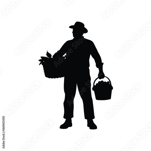 Silhouette of a farmer carrying baskets of produce during harvest time, farmer with fruit basket illustration silhouette