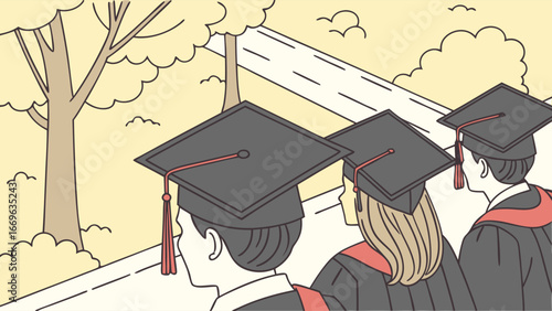 Illustration of Graduates in Caps and Gowns Walking on Campus.