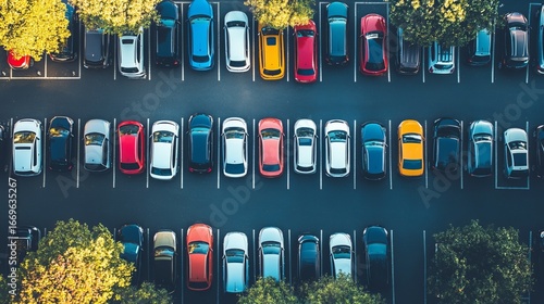 High-angle view of a parking lot filled with various colored cars. Trees are visible along the edges