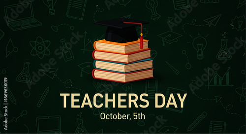 Stack of Textbooks Topped with Graduation Cap, Teachers Day