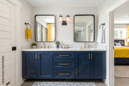 Modern farmhouse bathroom with double navy blue vanity and rectangular mirrors