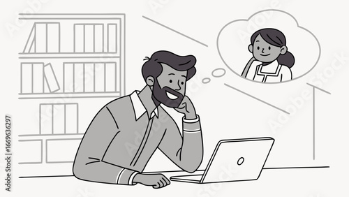 Man at Laptop Thinking of Woman in Thought Bubble.