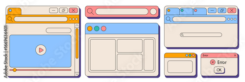 Retro UI interface collection with colorful browser windows and dialog boxes for web design. Vintage search bars, video player and error popup. Nostalgic computer elements for digital projects.