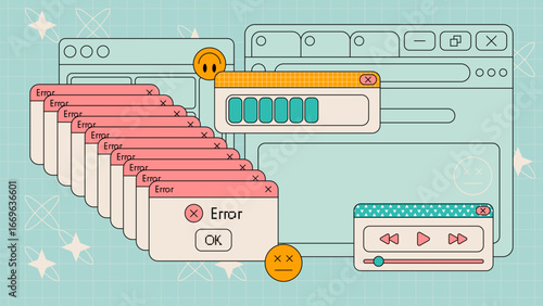 Retro UI interface with cascading error messages and browser windows for tech designs. Popups and loading bar, media player and emoticons on grid background. Vintage y2k computer illustration.
