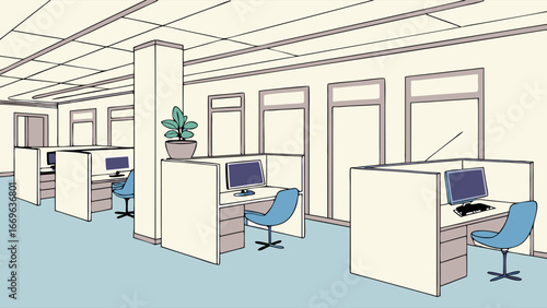 Modern Office Workspace with Individual Workstations.
