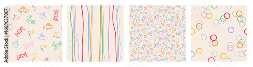 Kid rainbow school patterns with playful doodles and colorful designs for children materials. Car and candy, wavy stripes and circles, hearts and animal faces backgrounds. Cheerful seamless textures.