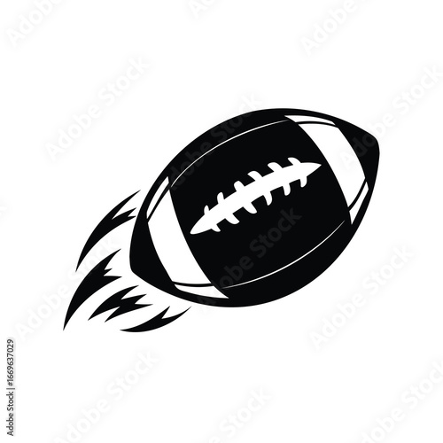 Black and white illustration of a fast flying football with streaks, football in motion illustration silhouette