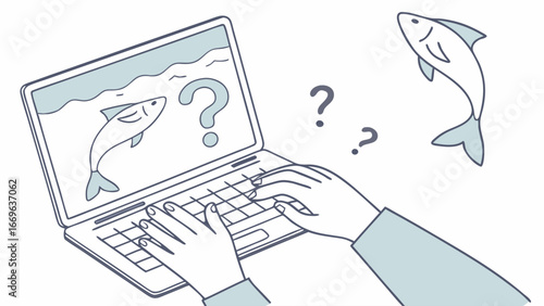 Online Fish Research Hands Typing on Laptop with Question Marks and Fish Illustrations.