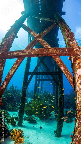 Underwater pier supports in a vibrant coral reef environment