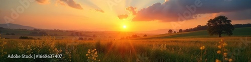 A peaceful sunrise over a tranquil, rural landscape; evokes serenity and spiritual reflection, perfect for themes of faith, hope, and renewal , belief, joy, grace