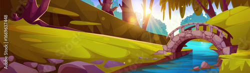 Forest fantasy landscape with stone arch bridge over blue river, rocks and foliage for game backgrounds. Sunlit magical scene with cartoon nature elements in vibrant colors for adventure setting.