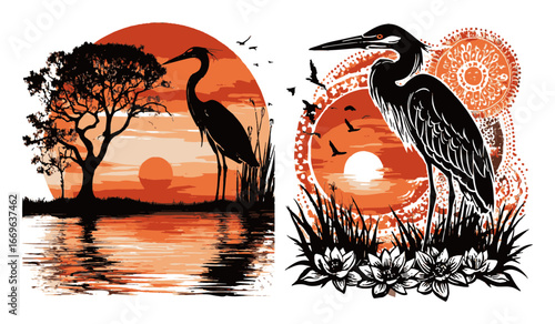 Serene Abstract Illustrations of Heron in Sunset Landscape