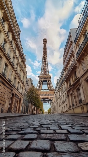 Parisian street leading to Eiffel Tower