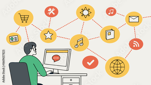 Person at Computer with Connected Network of Icons Illustration.