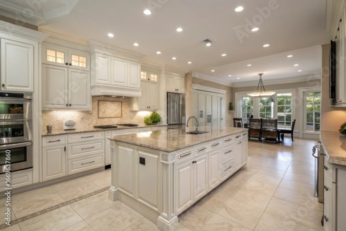 Luxurious modern white kitchen with large island and granite countertops illuminated by recessed lighting