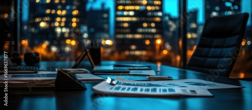 Wallpaper Mural Desk at night, overlooking a blurred cityscape. Documents, pens, chair, keyboard on desk Torontodigital.ca