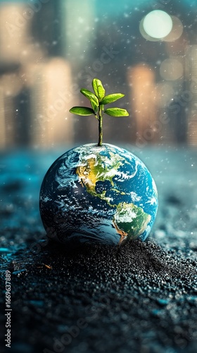 Earth globe with sprout, urban backdrop
