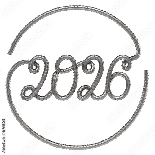 2026 Year Made of Reinforcement Steel Symbolizing Construction Future. 3D rendering
