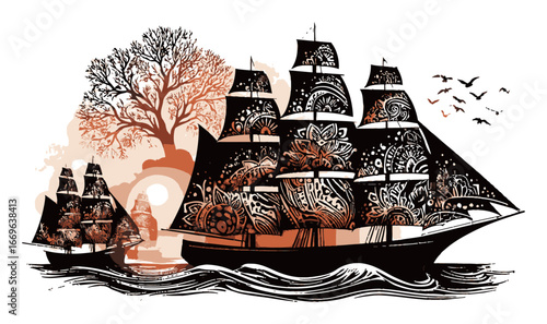 Artistic Illustration of Sailboats with Ornate Designs and Nature Elements