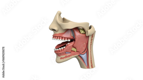 Anatomy&physiology A detailed model of the pharynx and larynx, isolated on white, showing airway, food passage, and vocal cords for anatomy and ENT learning