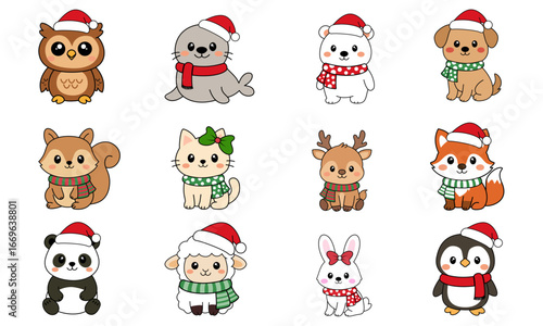 Adorable animals in Santa hats and scarves for Christmas cards, stickers and designs