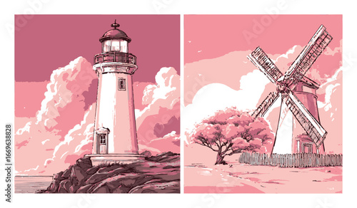 Charming Cartoon Style Lighthouse and Windmill in Pink Tones