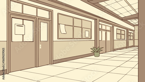 Simple Illustration of a School Corridor with Doors and Windows.