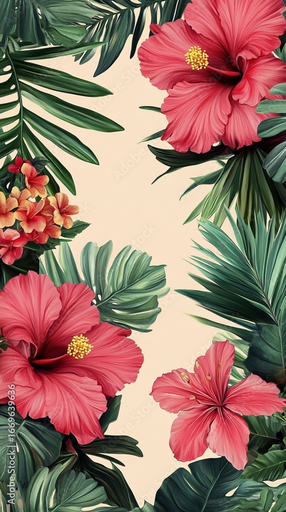 Naklejka premium Tropical floral arrangement, vibrant hibiscus and palm leaves on a pastel background