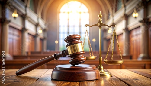Gavel and scales of justice in a courtroom
