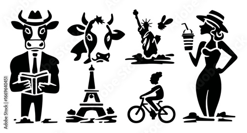 Silhouette Icons of Cow, Statue, Eiffel Tower, Woman, and Cyclist