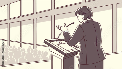 Speaker at Podium Addressing Audience in Conference Hall Illustration.
