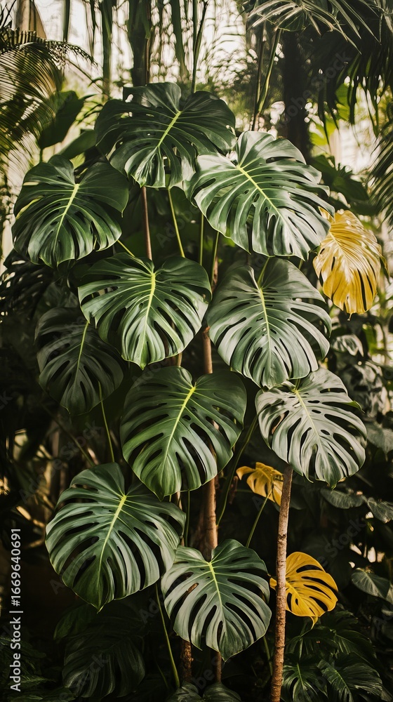 Naklejka premium Lush tropical plants with large, patterned leaves