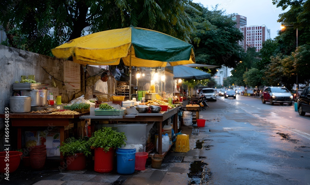 Obraz premium vendors in the process of setting up their food stall in chinatown kl during early evening
