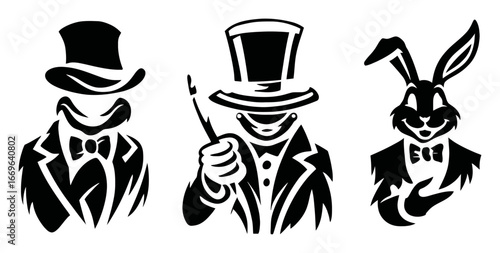 Elegant Magic Theme with Gentlemen, Top Hats, and Charming Rabbit