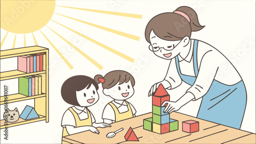 Teacher and Children Building Colorful Blocks Together in a Bright Classroom.