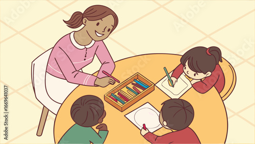 Teacher and Children Drawing Together at Round Table Illustration.