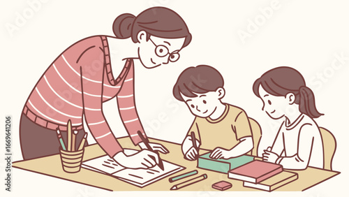 Teacher Helping Students with Schoolwork at Desk Illustration.