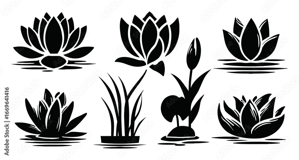 Obraz premium Six Elegant Black and White Lotus Flower Illustrations for Decoration