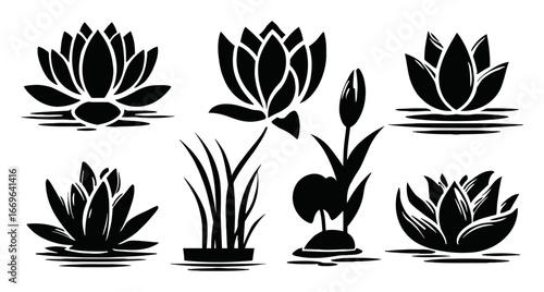 Six Elegant Black and White Lotus Flower Illustrations for Decoration