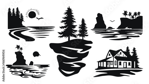 Black and White Silhouettes of Nature Scenes with Trees and Coastal Views